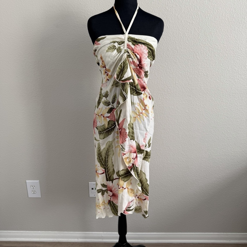 XL Dress Midi Halter Tie Neck Smocked Resort Vacation Beach Ruffle Hawaiian
